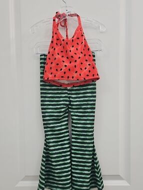 Source Unknown Coral Polka Halter Top and Green Stripe Flared Skirt Set